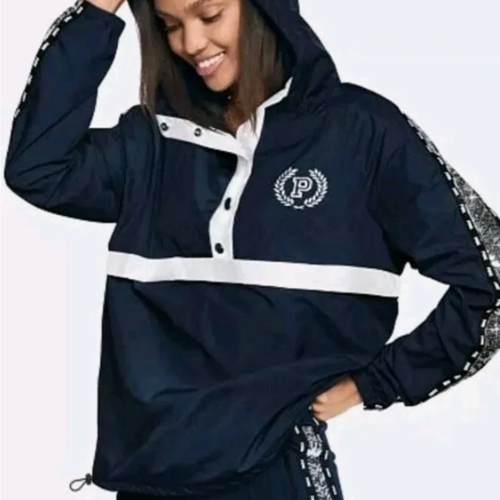 Vintage Y2k PINK Victoria's Secret Sequin Windbreaker Jacket Navy White Anorak
